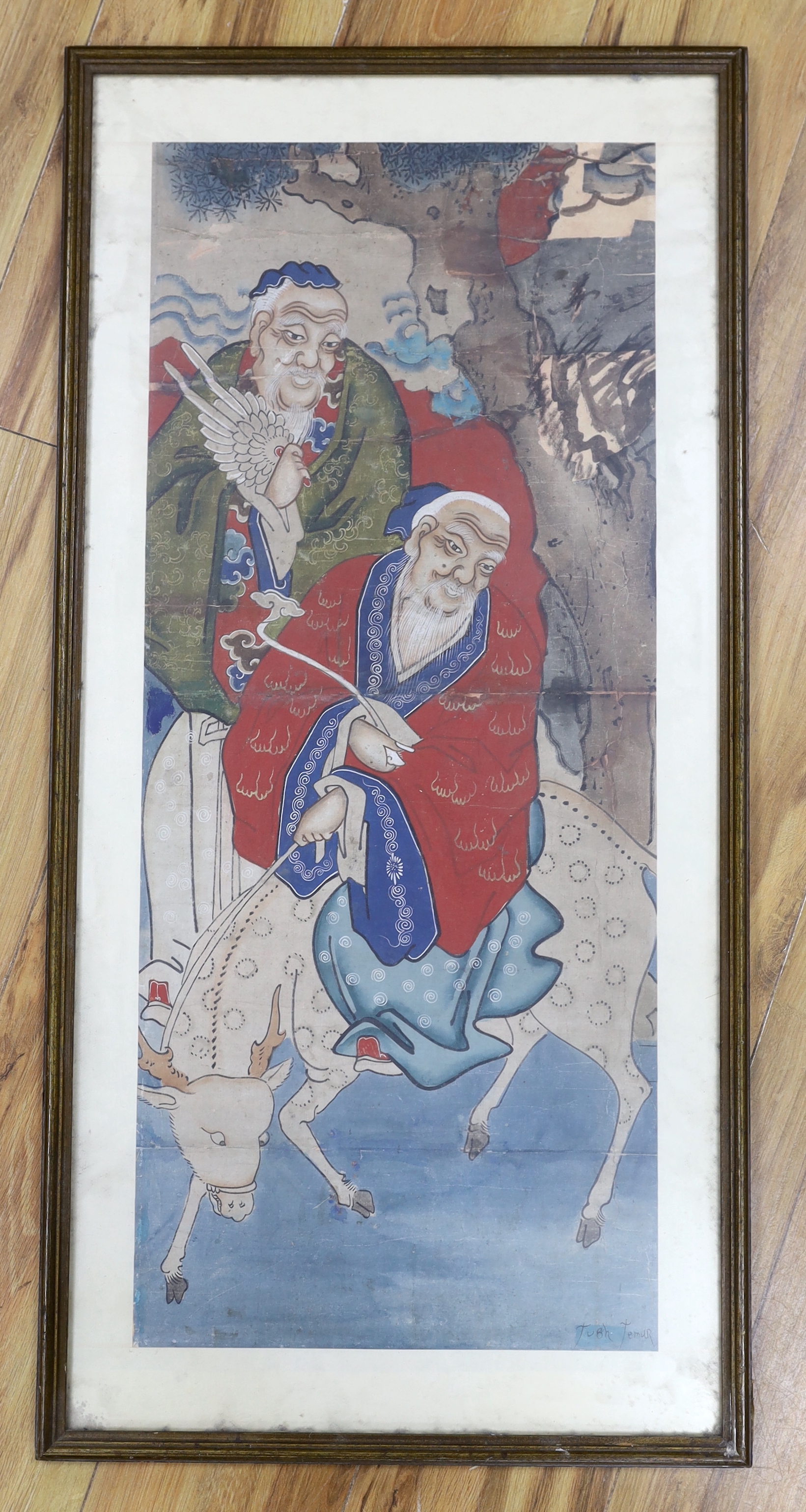 Chinese School, gouache and watercolour, Two elders, indistinctly signed lower right, 77 x 33cm
